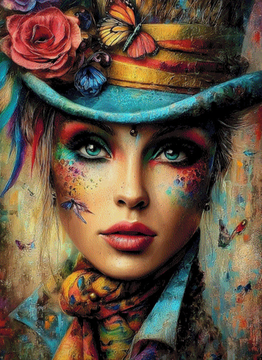 Diamond Painting Frau mit buntem Hut, bunt geschminkt