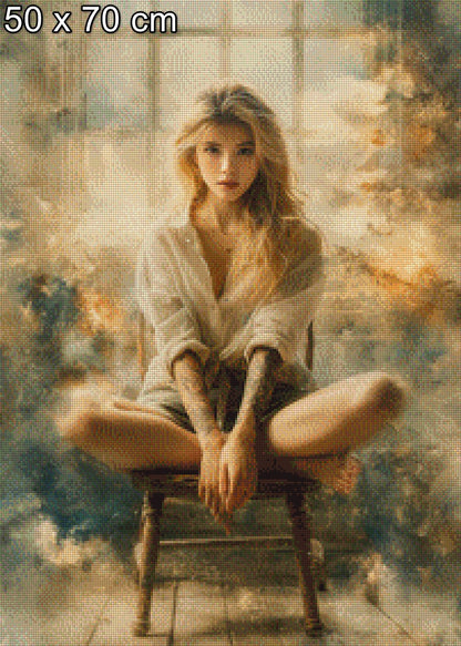 Diamond Painting Frau sitzt auf Stuhl zartes Gemälde
