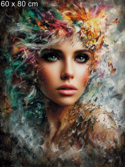 Diamond Painting Frau mit bunten Federn