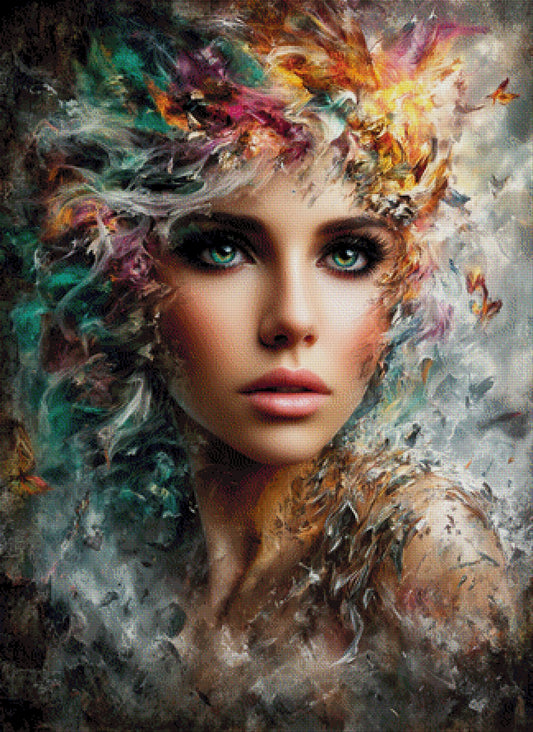 Diamond Painting Frau mit bunten Federn