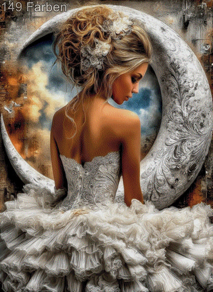 Diamond Painting Frau Mond Weißes Kleid